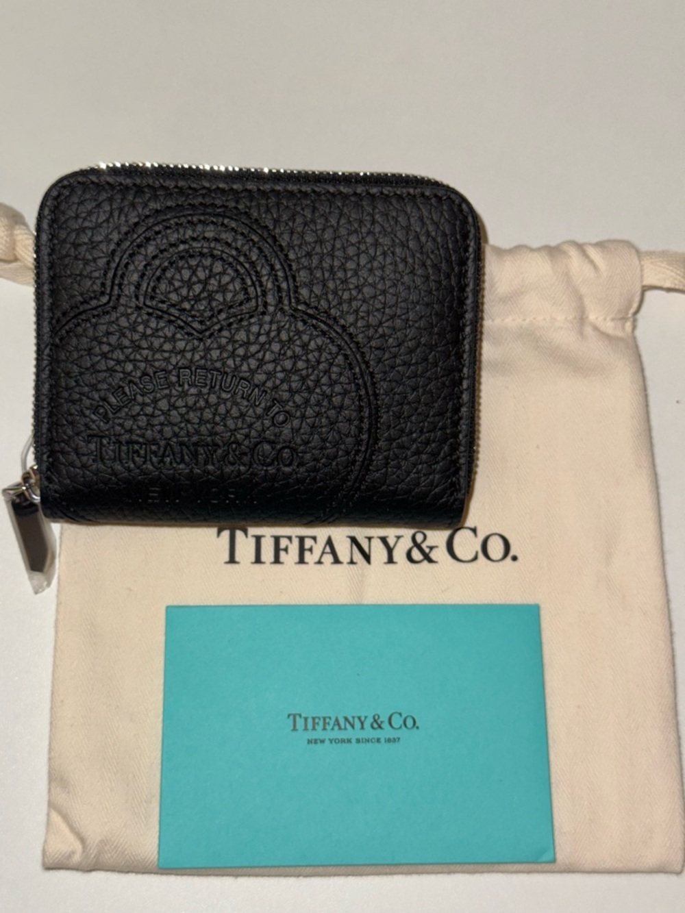 Tiffany & Co. Black Pebbled Leather Zip Card Wallet